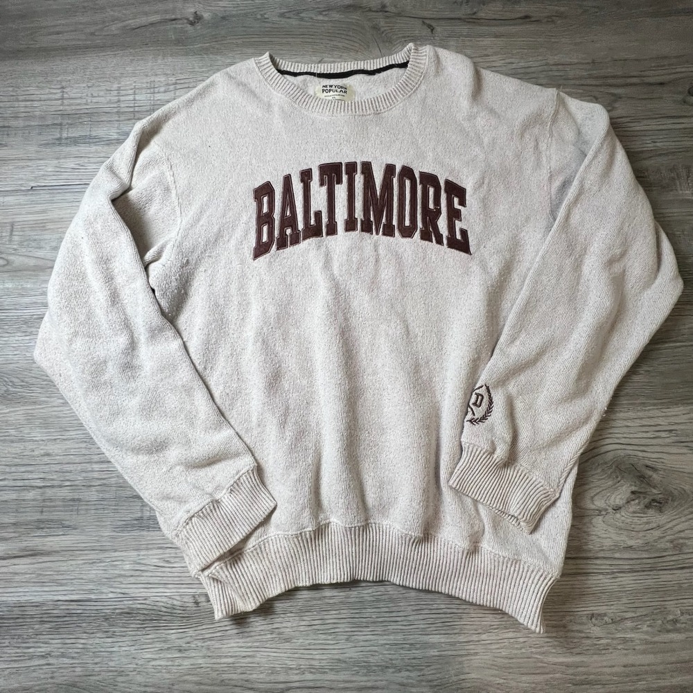 New York Popular Sweater Mens XL Cream Baltimore Graphic Varsity Collegiate MD